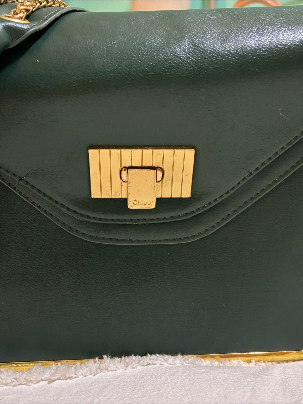 Chloé Dark Green Leather Shoulder Bag with Gold Hardware